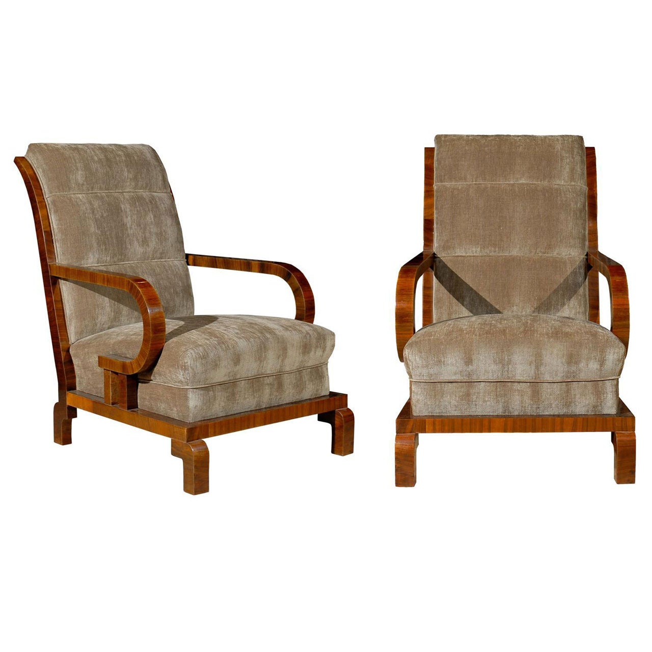 Pair of 1930s Art Deco Period Hungarian Club Chairs with Brown Velour Upholstery