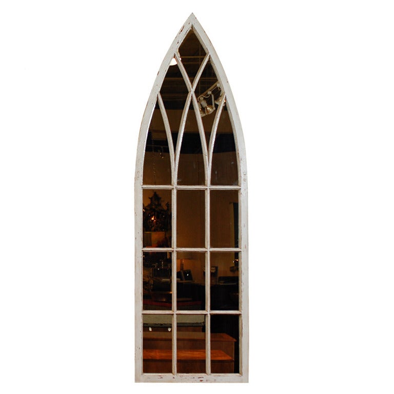 English Gothic Revival Broken Arch Painted Window Frame with Mirrored Backing For Sale