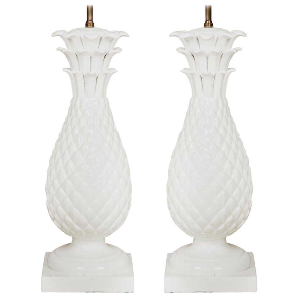 Pair of Large White Glazed Pottery Lamps in the Form of Pineapples