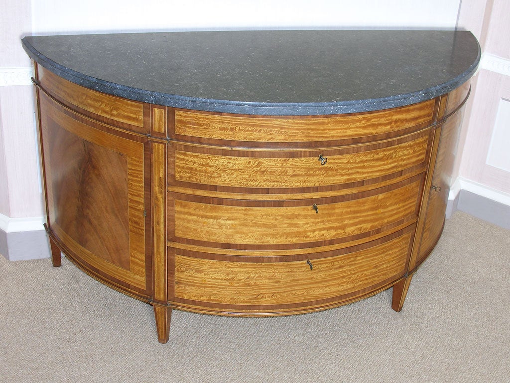 English Satinwood and mahogany demi-lune commode