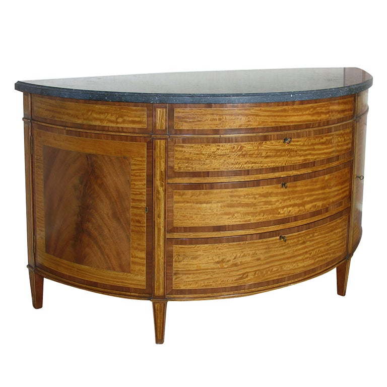 Satinwood and mahogany demi-lune commode