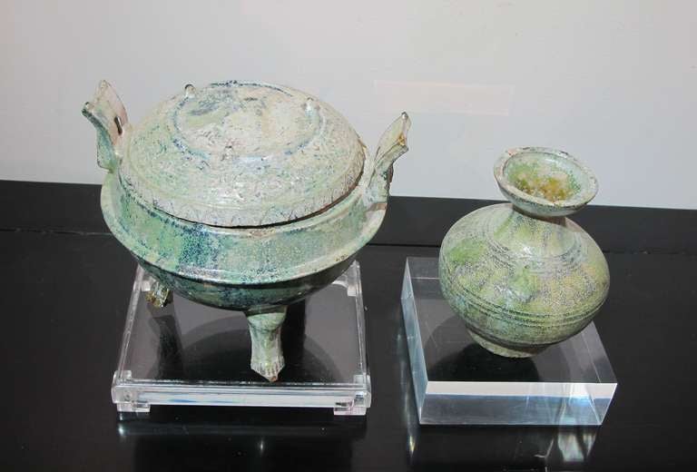 Two Glazed Pottery Items from Han Dynasty In Fair Condition In Westport, CT