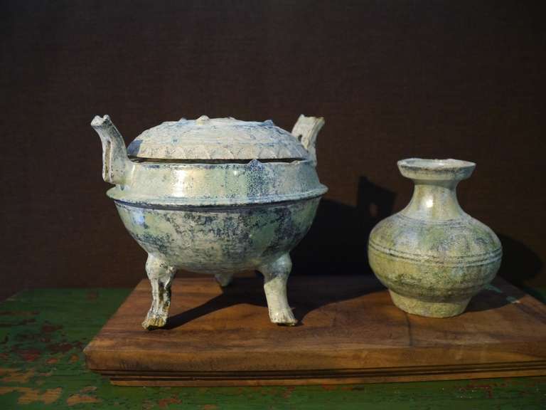 Chinese Two Glazed Pottery Items from Han Dynasty