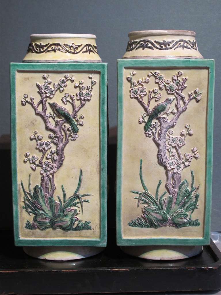 Glazed painted relief work on all four sides.  Produced in the early 1900's for export.
