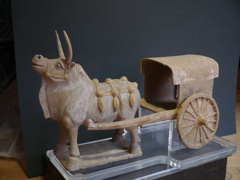 Chinese Excellent Terracotta Bull and Cart from Northern Wei Period  (386-535 A.D.0) For Sale