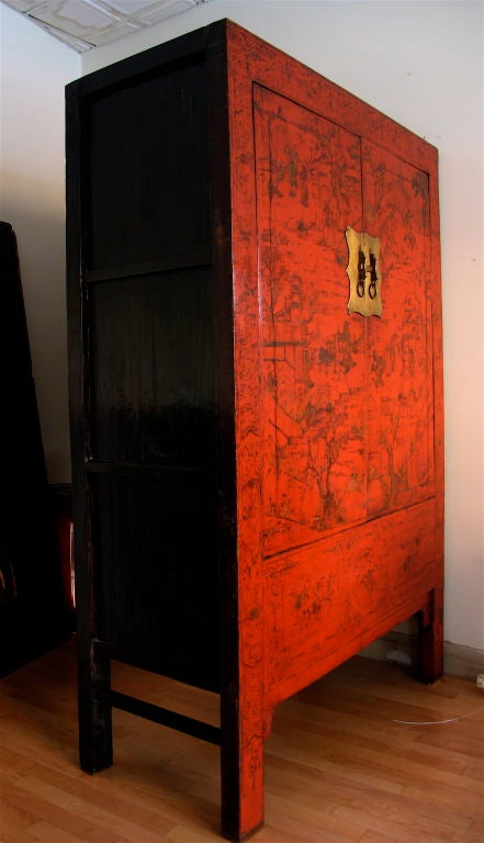 Chinese Red Lacquer Armoire with Original lacquer finish. Rare In Excellent Condition For Sale In Westport, CT