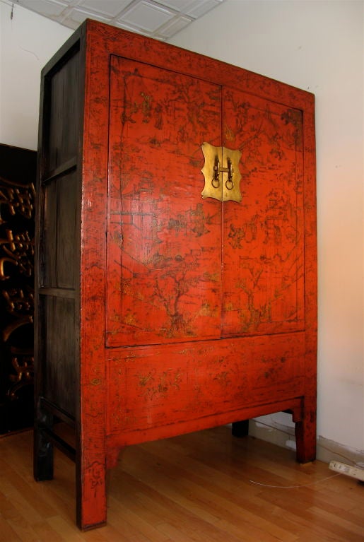 19th Century Chinese Red Lacquer Armoire with Original lacquer finish. Rare For Sale