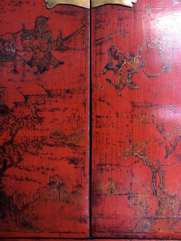 Chinese Red Lacquer Armoire with Original lacquer finish. Rare For Sale 2