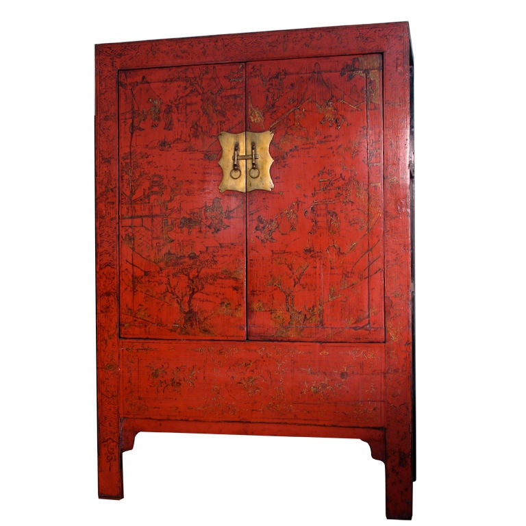 Chinese Red Lacquer Armoire with Original lacquer finish. Rare For Sale