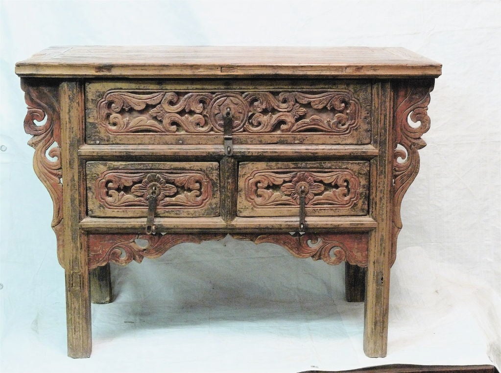 Exceedingly rare old table cabinet from Northern China. Excellent condition. Elm wood construction. Original wrought iron hard ware. Incredibly solid and well constructed, good for another 300+ years!
