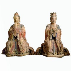 Rare pair of wood sculptures of Ming Dynasty court officials.
