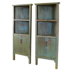 Pair of green antique Chinese lacquer corner cabinets