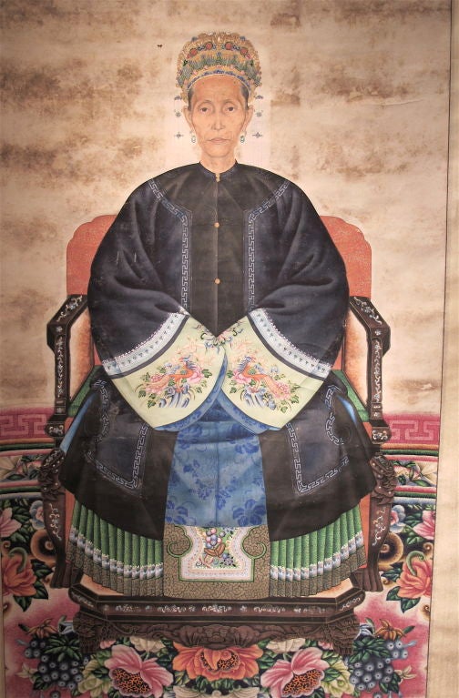 Portrait of a lady from an important household in Southern China.  Can be hung as is in scroll form or framed. Some discoloration and lost of pigments, -  consistent with southern paintings of this type. Size of the portrait, quality and details of