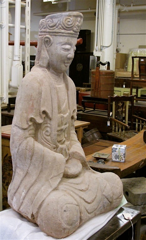 Chinese Large 18th Century Sand Stone Sculpture of Guan Yin For Sale