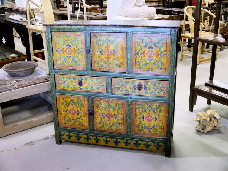 Large Tibetan Painted Cabinet In Excellent Condition In Westport, CT