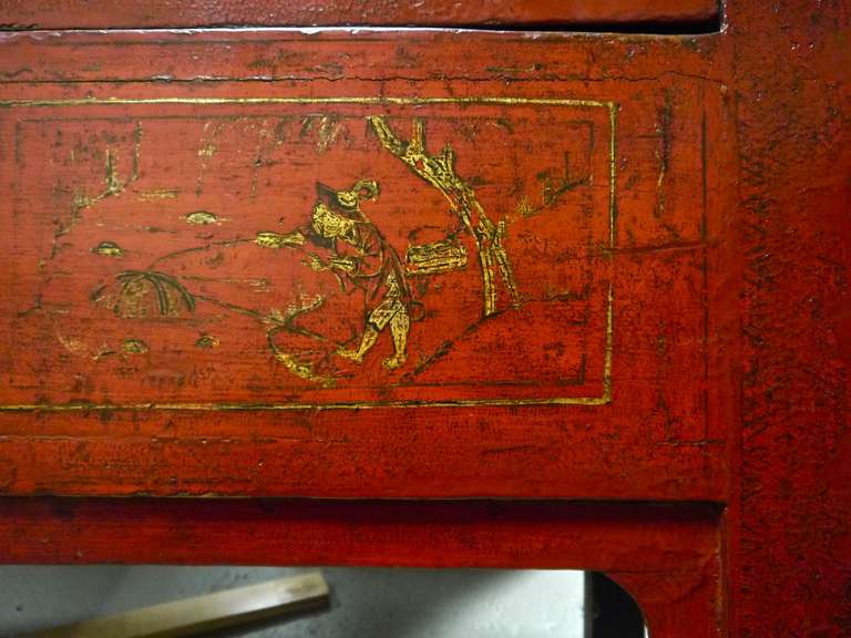 Mid 19th Century Original Red Lacquer Armoire with original gilded For Sale 3