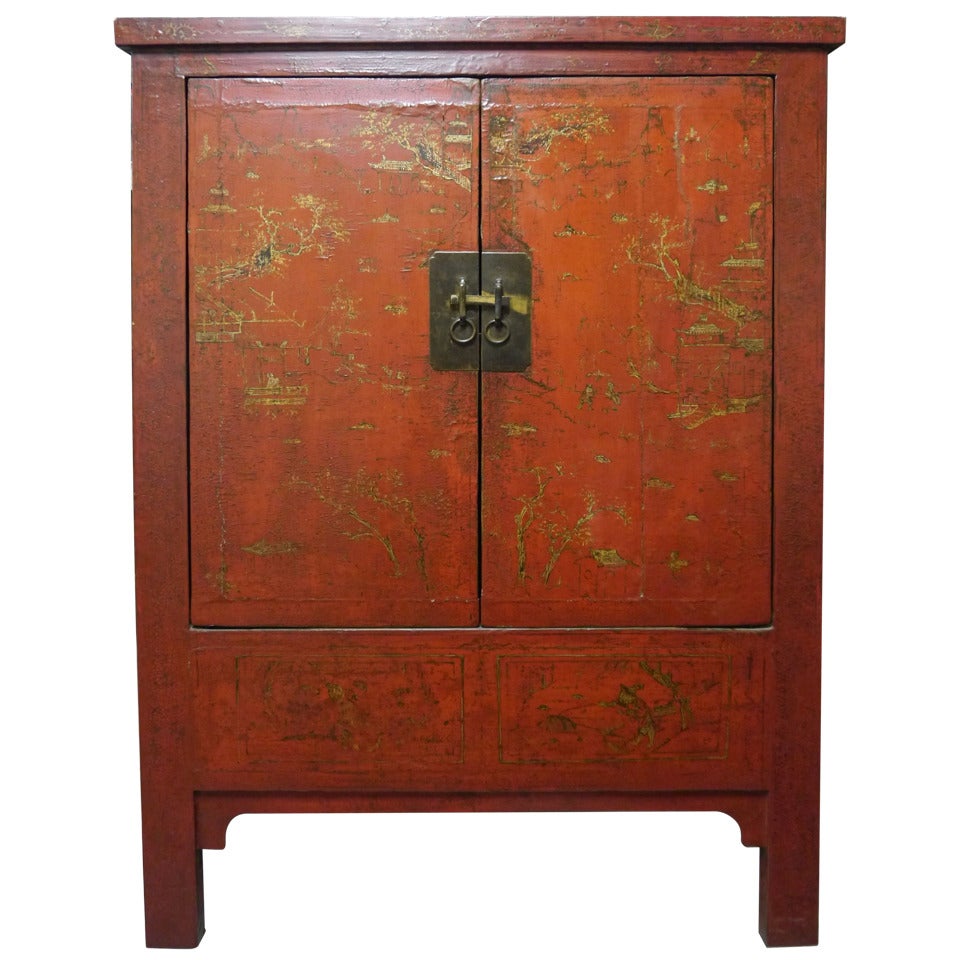 Mid 19th Century Original Red Lacquer Armoire with original gilded For Sale