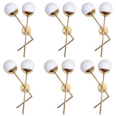 Pair of Brass and White Glass Sconces in the Style of Stilnovo