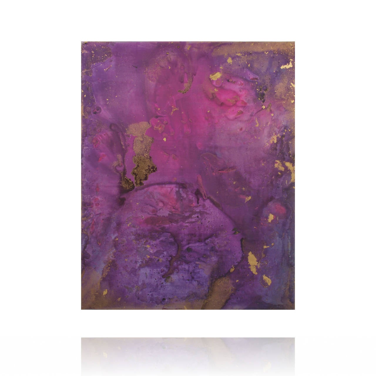 Layered with shades of amethyst, lavender and plum, the clouds of purple tone colors fill this large abstract painting. The flurry of colors are laced with metallic bronze golds tones, which stir the imagination and the eye of the viewer. This