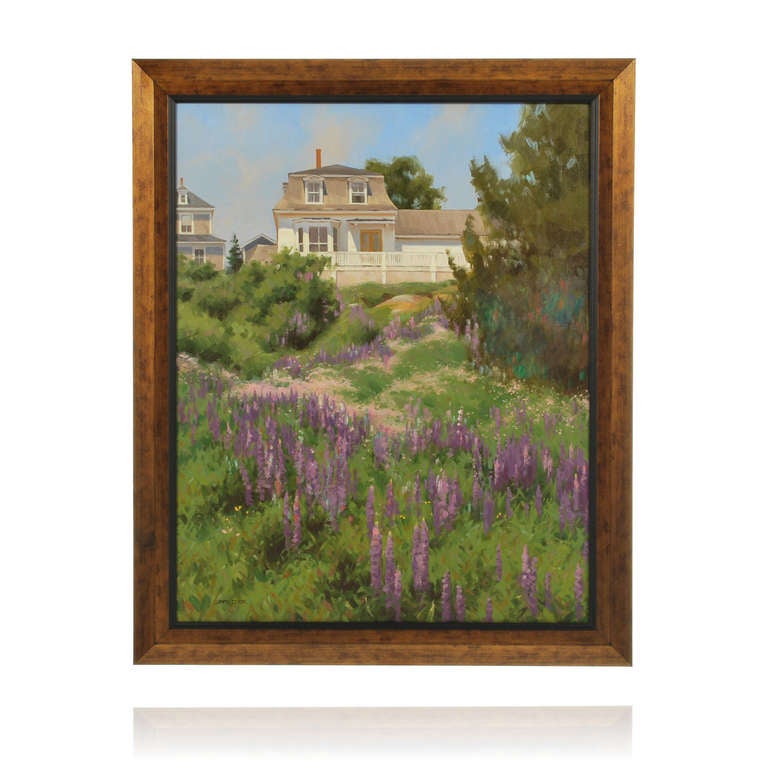 This beautiful coastal landscape is titled House on a Hill, and is a signed original painting by American artist Jimmy Dyer. This work was painted in Stonington Maine and depicts a hilltop home with mansard roof and large deck, overlooking the
