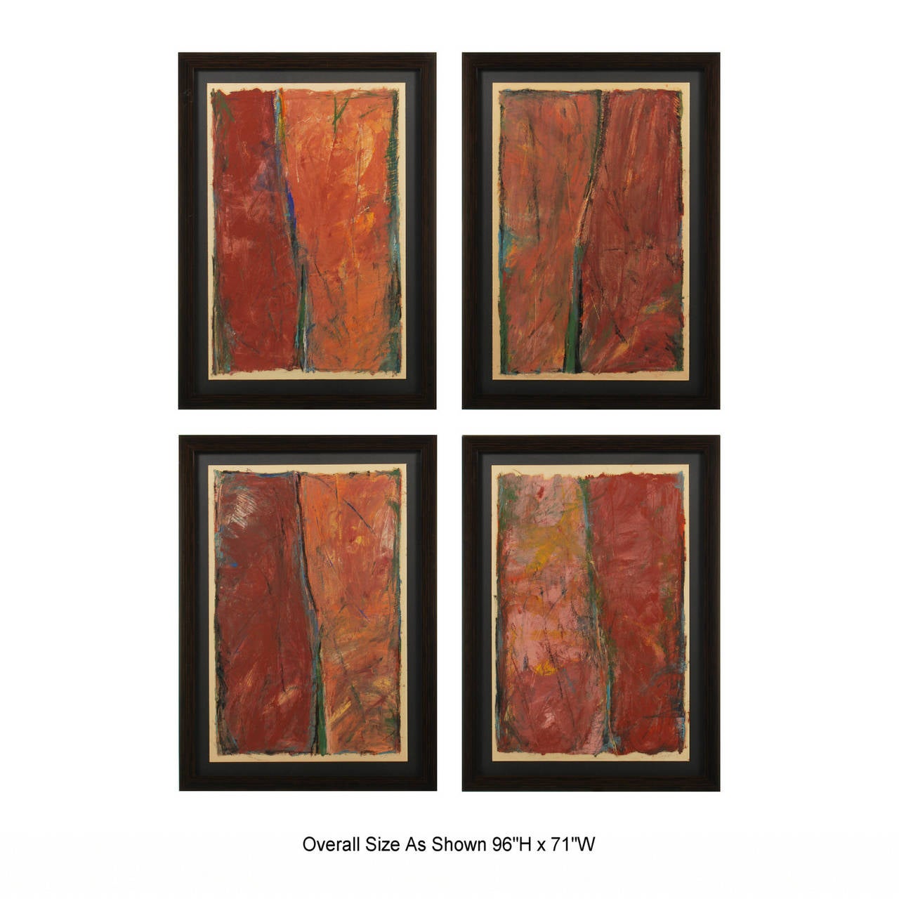 Striking set of four signed original Abstract paintings, floated against black mats and framed in Macassar wood frames. The paintings are all signed originals, they are not prints or limited editions. The signatures appear to read Clifford, but that