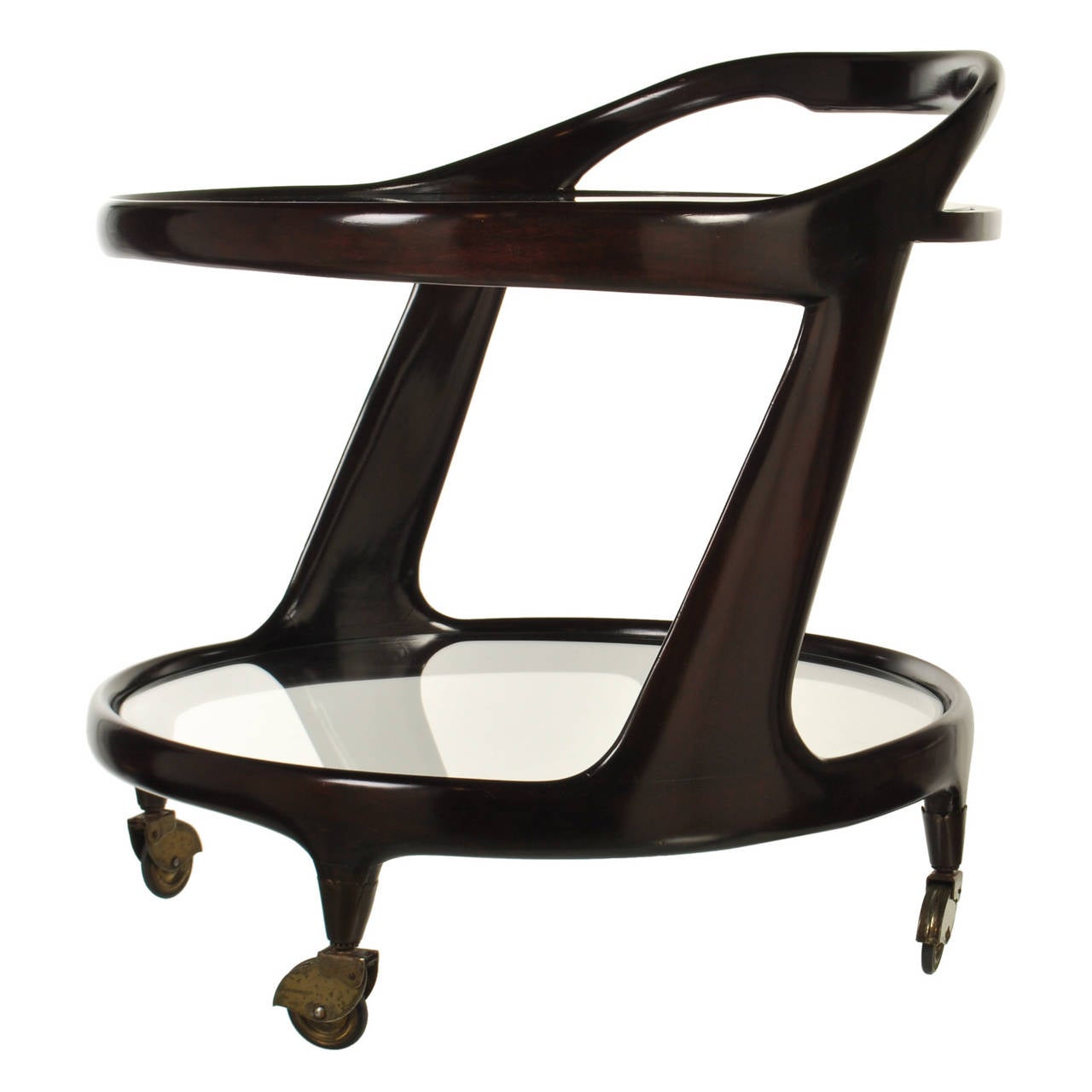 This sexy and stylish mahogany two-tier bar cart is an excellent example of Mid-Century Italian design. It almost has a vintage Space Age look, with its sweeping round handle and angular side supports. The attention to detail is evident from the