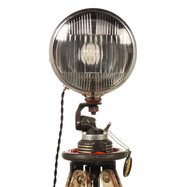 20th Century Vintage Double Sided Industrial Spotlight with Stop Lens on Wooden Tripod