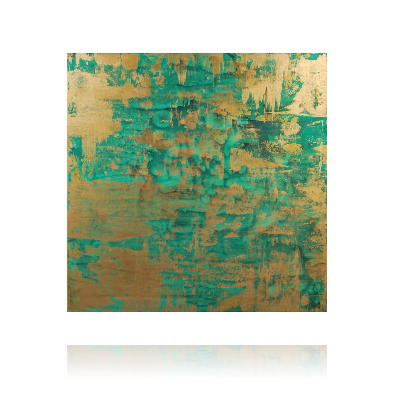 Marvelous mixed media abstract painting in Malachite green and metallic gold. This is an original painting on board, signed by the artist and dated on the reverse. Like other abstract paintings by this artist, you can show the artwork vertical or