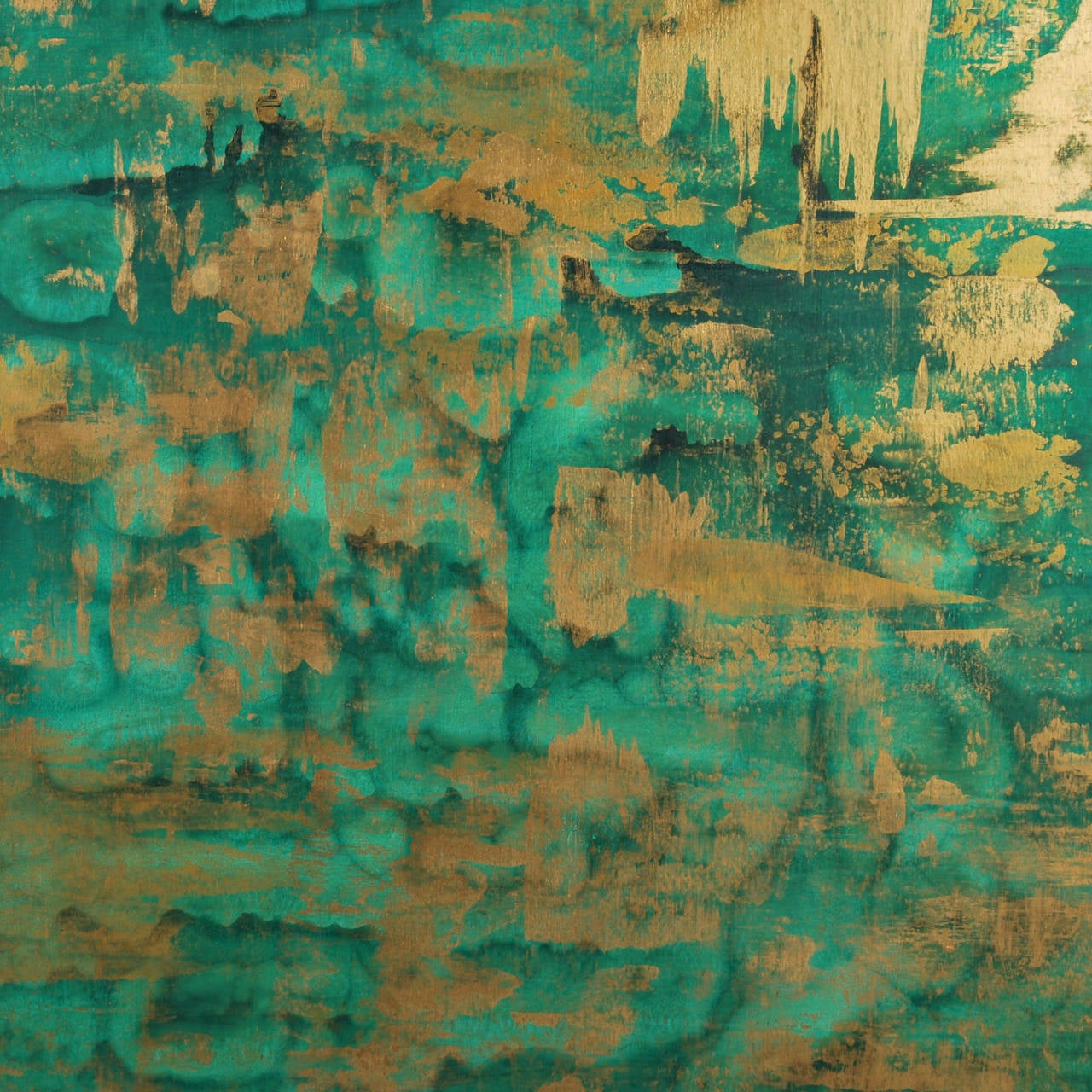 AN14 Malachite Green and Gold Abstract Painting In Excellent Condition In Dallas, TX