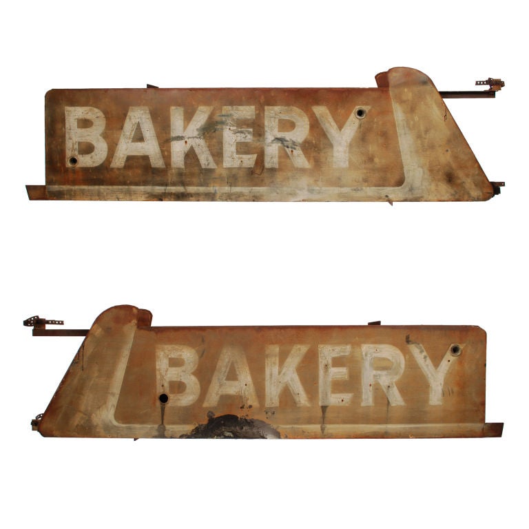 Very nice double sided BAKERY sign with stylish design. This vintage sign once had neon tube lettering on both sides. Ready to be displayed as is or add neon again for that great Americana look.<br />
<br />
Size shown is for the can sign only and