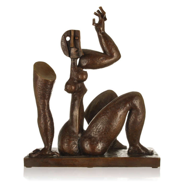 This large surrealist bronze sculpture of a nude female is the work of Mexican artist Byron Galvez (1926-2009). Galvez was well known for his paintings and his monumental artworks in sculpture. His works were geometric and figurative expressions,