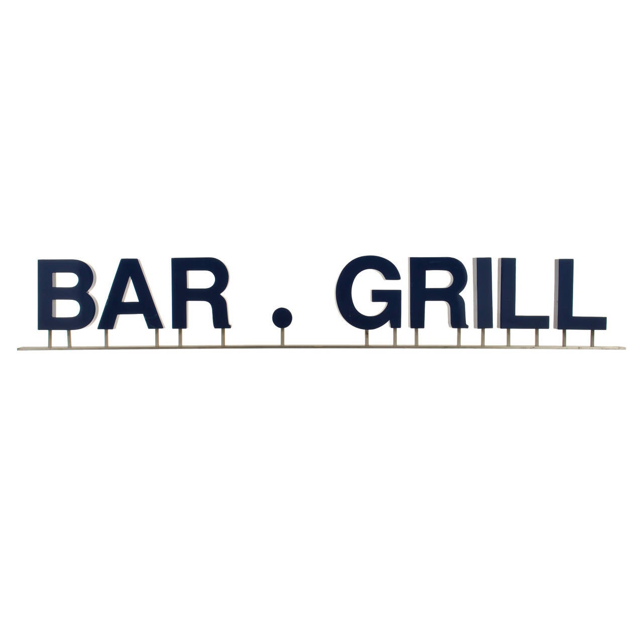 Here is your chance to have your own Bar and Grill sign in your home. Looks great in a kitchen or gameroom. The deep aluminum channel letters are dark blue in color and mounted to an aluminum metal base.

Shipping: For additional information or