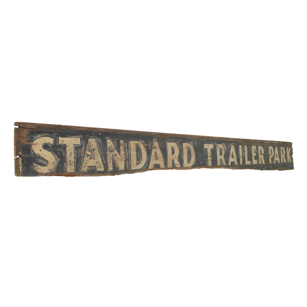 This is a wonderful old sign for the Standard Trail Park in Somewhere, USA. This was made from one 10' long wood board and is all hand painted. Looking closely you can see the years of repainting as well as its original old finish, aged to