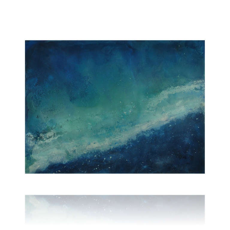 Abstract No 5 is a dramatic abstract painting that captures the look and feel of the ocean. This is an original mixed media painting with layers of texture and rich shades of blue and green, finished with a high gloss resin. The painting is signed