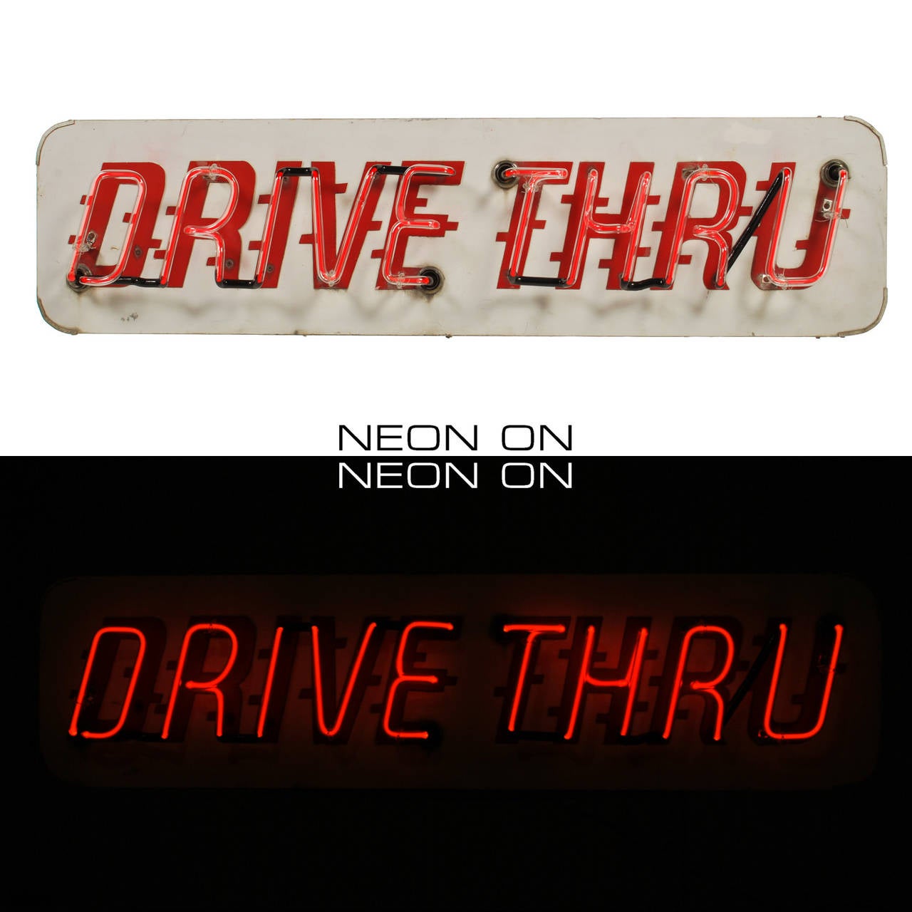 This is a great vintage “Drive Thru” sign complete with all new red neon lettering and transformer. The original red metal letters are riveted to the face of the sign and have a cool italic style font that appears to be in motion. The sign has a
