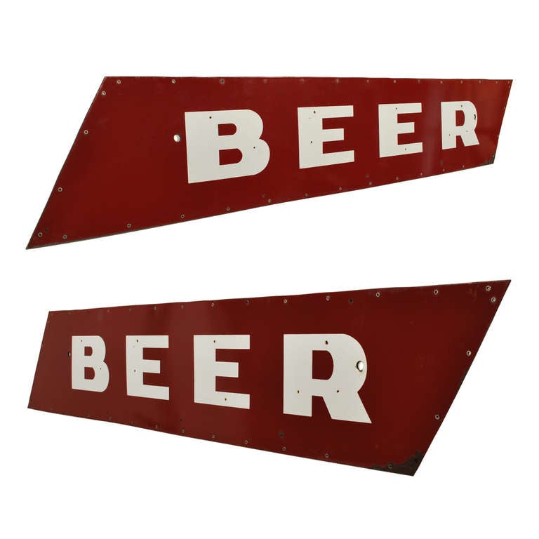 These vintage BEER and LIQUOR signs are porcelain over steel. Originally from the 1950's era, these once neon lighted signs still retain their glossy porcelain finish. The large neon letters can be restored to their original condition, if