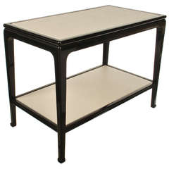 Italian Black Lacquer Two Tier Side Table with Faux Emu Inlay