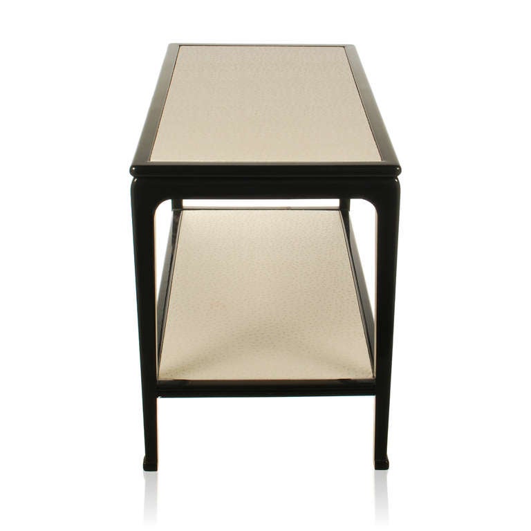 Modern Italian Black Lacquer Two Tier Side Table with Faux Emu Inlay