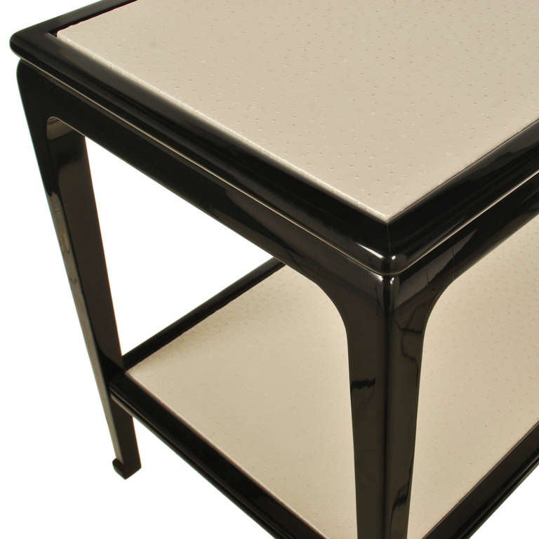 Italian Black Lacquer Two Tier Side Table with Faux Emu Inlay In Excellent Condition In Dallas, TX