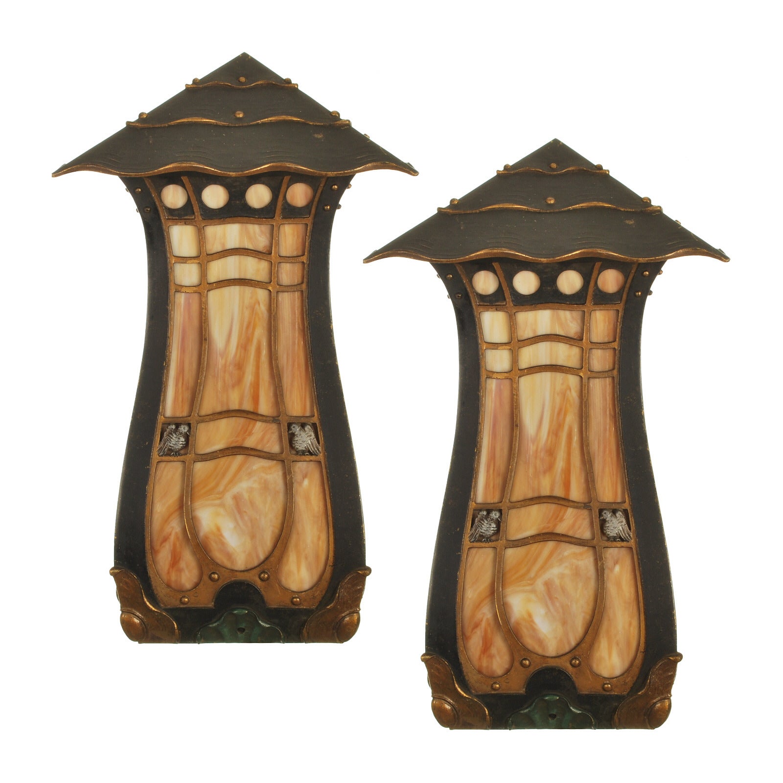 Period Arts and Crafts Corner Wall Sconces with Slag Glass