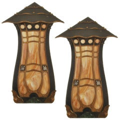 Antique Period Arts and Crafts Corner Wall Sconces with Slag Glass