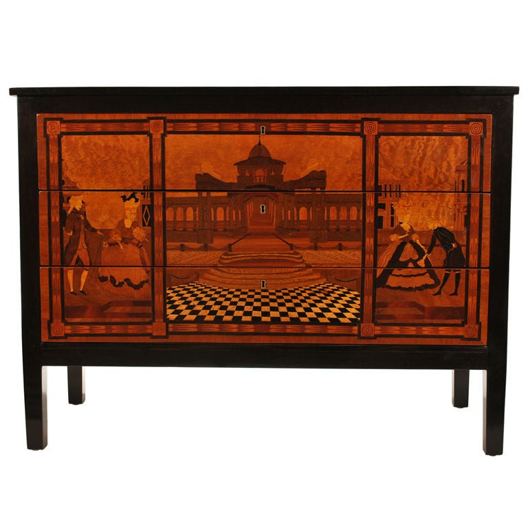 Italian Marquetry Commode Chest with Architectural Landscape Scene