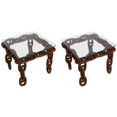 Pair of Large Chain Link Side Tables with Glass Tops
