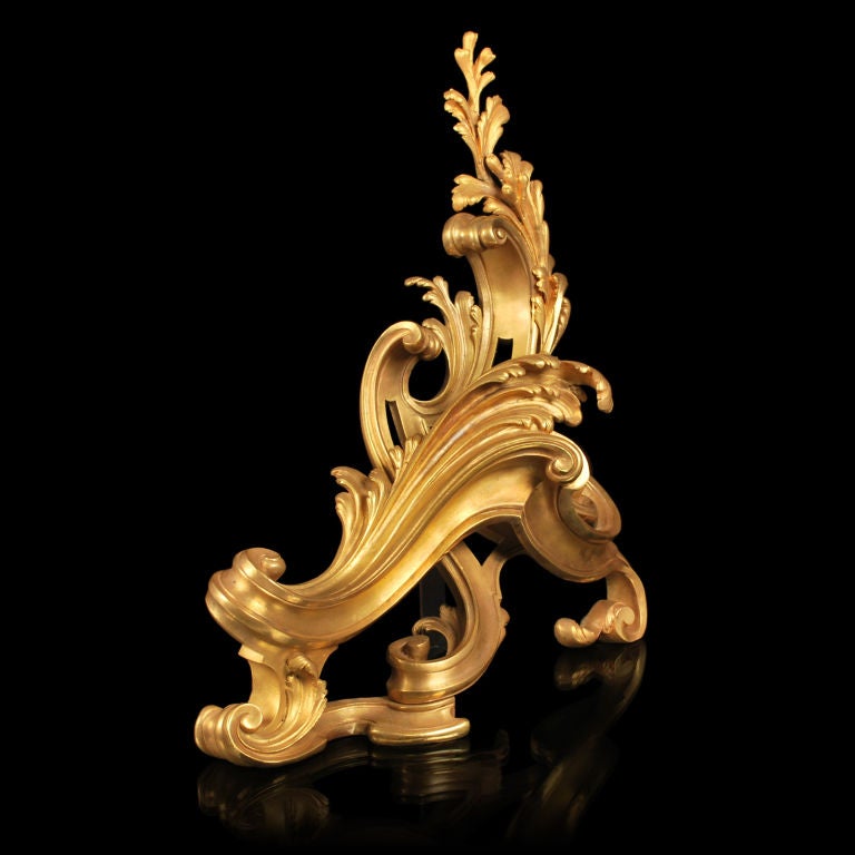 Pair of Louis XV Style Gilt Bronze Chenets For Sale 1
