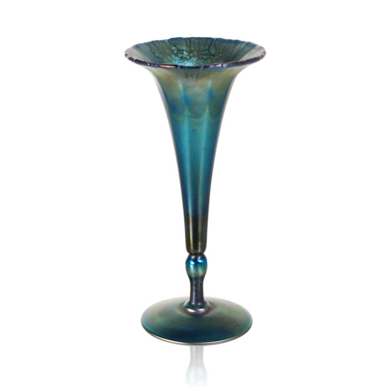 American Peacock Blue Iridescent Vase signed L C Tiffany-Favrile