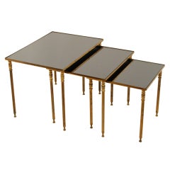 Set of Three Vintage French 1940s Brass and Mirror Nesting Tables