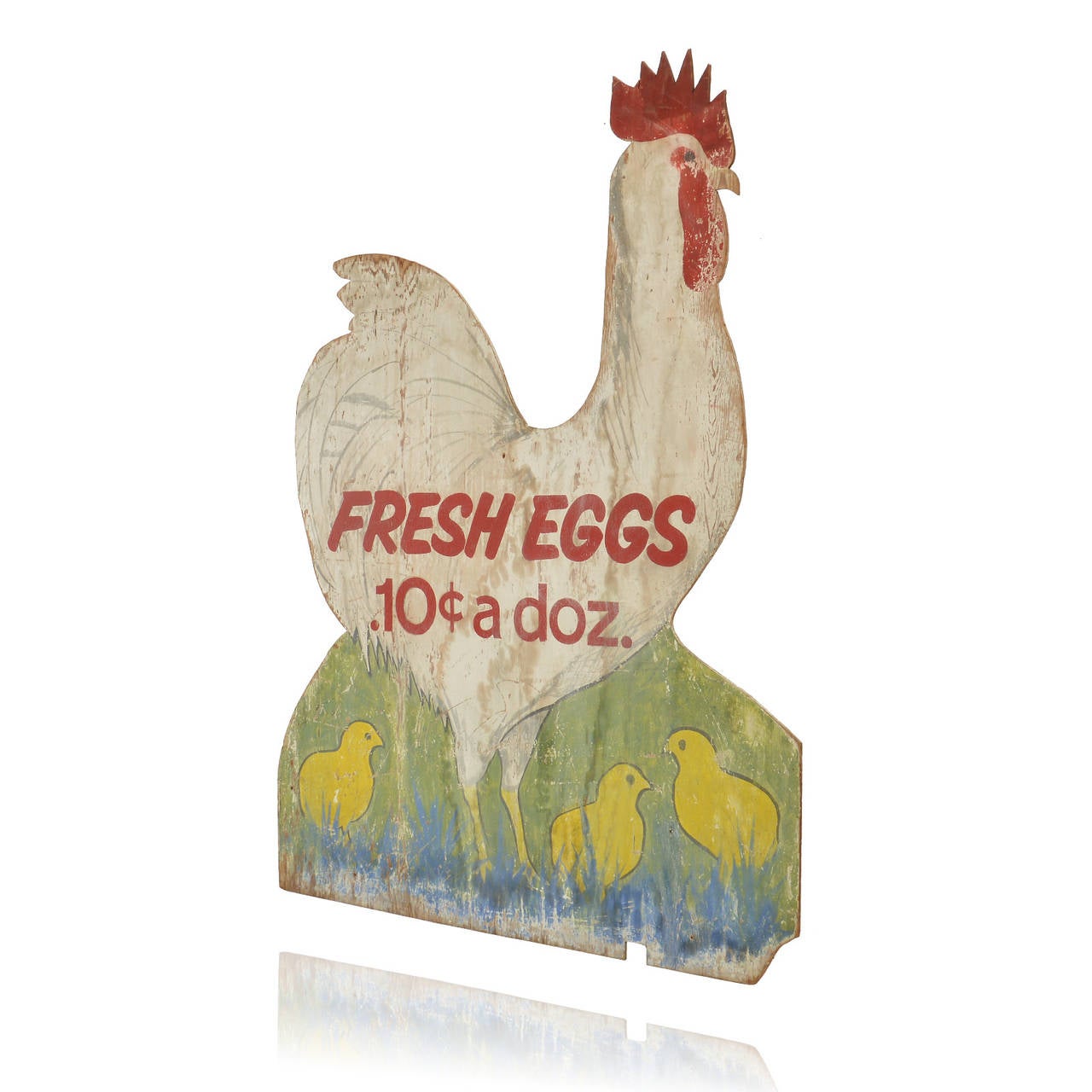 This antique wood sign advertises Fresh Eggs for 10 cents a dozen, I wonder what year that was? Late 1800's or early 1900's? What ever year it was, it's in very nice condition for a wood sign. Beautifully handpainted, the double sided  sign depicts