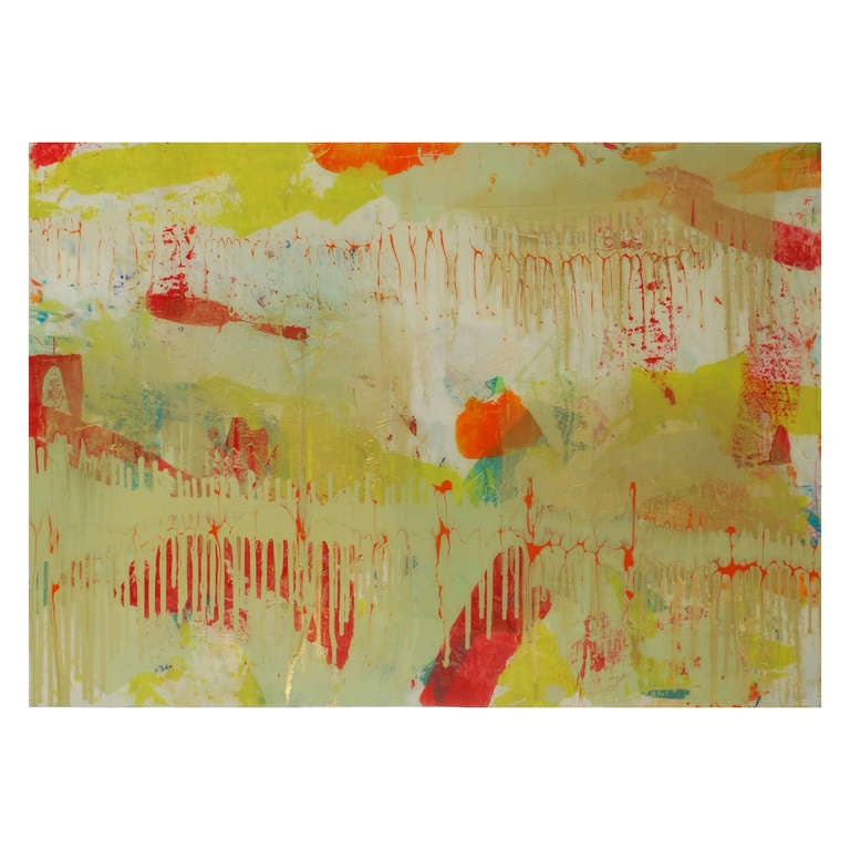 Titled HOLIDAY, this signed original painting with its high gloss resin finish is by artist Austin Allen James. The various layers of vibrant colors and gold tones, make this mixed media painting a celebration of color. Close examination shows the