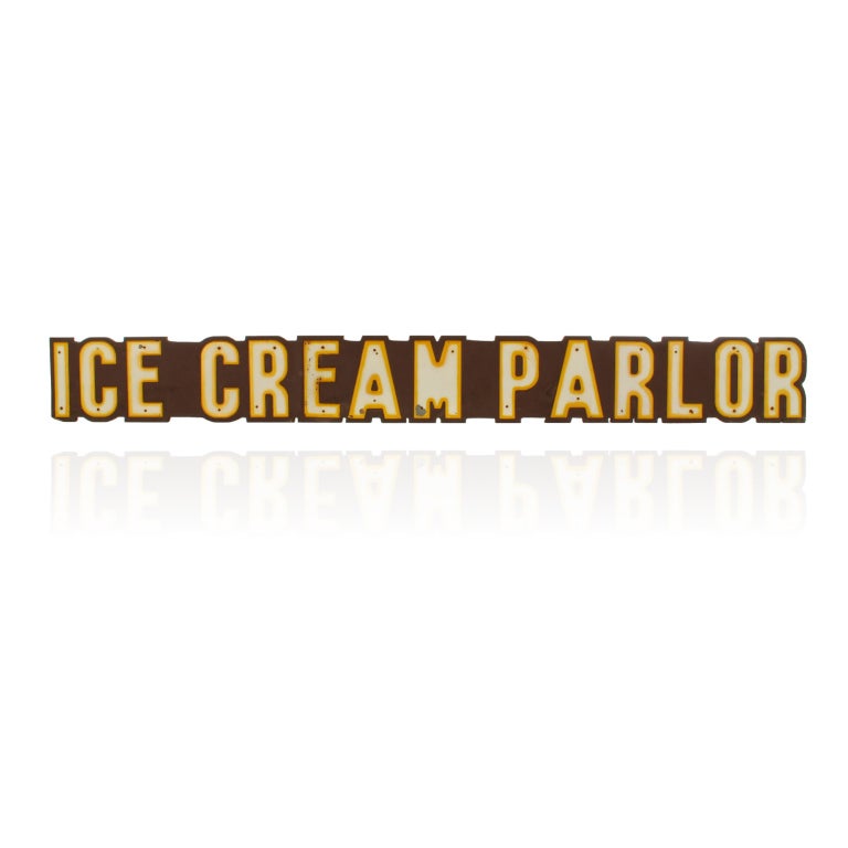 Cool vintage Ice Cream Parlor sign with two tone metal letters from the 1940's-1950's era. This is a long sign measuring 8'3