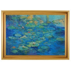 Vintage Blue Water Lilies, Signed Original Painting